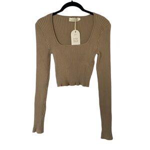 Boutique Brand Womens L Ribbed Knit Long Sleeve Crop Top Mocha Tan Beige NWT